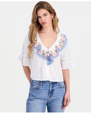 And Now This Petite Cotton Embroidered Ruffled Top - White