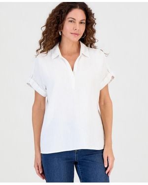 Style & Co. Cotton Gauze Collared Popover Top - White