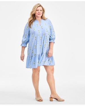 Style & Co. Plus Size Printed Quilted 3/4-sleeve Dress - Blue
