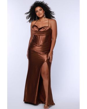 Sydney's Closet Pleated Draped Sweetheart Neckline Slim Fitted Gown - Brown