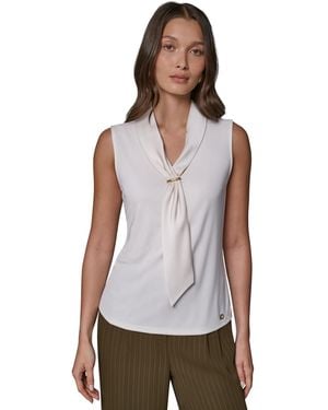 Donna Karan Sleeveless V-neck Satin Blouse - White