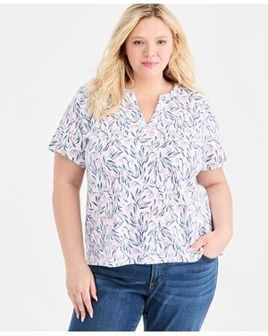 Style & Co. Plus Size Printed Short-sleeve Split-neck Top - White