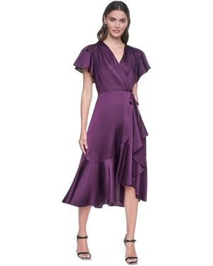 DKNY Side Tie Faux Wrap Midi Dress - Purple