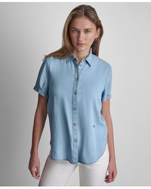 DKNY Petite Rolled Short-sleeve Button-up Shirt - Blue