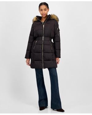 Michael Kors Michael Belted Hooded Faux-fur-trim Puffer Coat - Blue