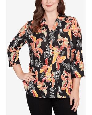 Ruby Rd. Petite Shirt Collar Floral Paisley Button Front Top - Black