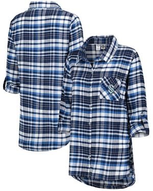 Concepts Sport Seattle Kraken Mainstay Flannel Full-button Three-quarter Sleeve Nightshirt - Blue