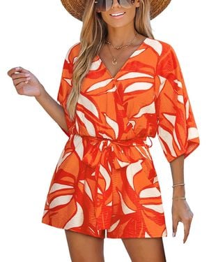 CUPSHE Ribbed V-neck Tie Waist Short Sleeve Romper - Red