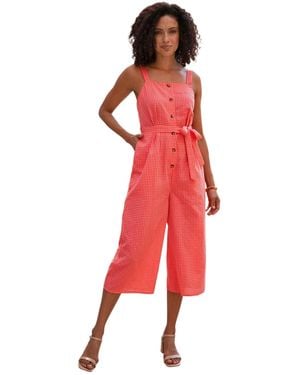 Yumi' Gingham Button Through Jumpsuit - Red