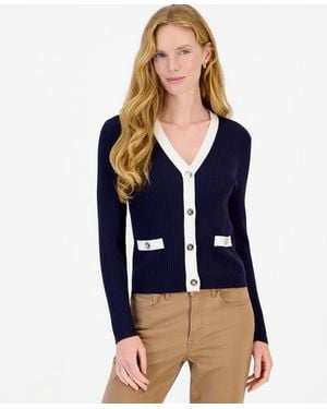 Nautica Ribbed Tipped V-neck Cardigan - Blue