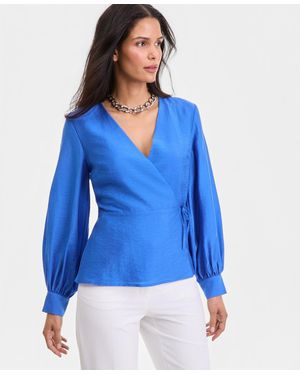INC International Concepts Long Sleeve Textured Wrap Blouse - Blue