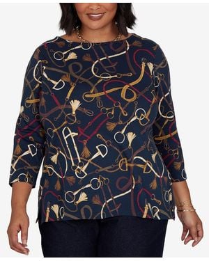 Ruby Rd. Plus Size Equestrian Boat Neck 3/4-sleeve Top - Blue