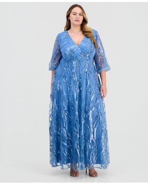 Alex Evenings Plus Embroidered A-line V-neck Ball Gown - Blue