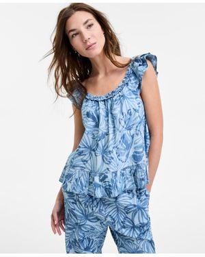 Nautica Palm-print Sleeveless Shoulder-ruffle Top - Blue
