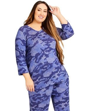 Avenue Plus Size V Hacci Camo Top - Blue