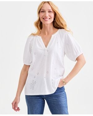 Style & Co. Petite Short Flutter-sleeve Eyelet Top - White