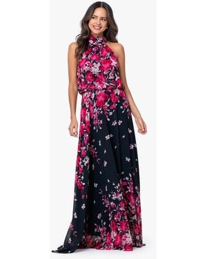 Betsy & Adam Halter Neck Long Souffle Chiffon Floral Print Dress - Red