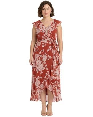 London Times Plus Size Printed Wrap V-neck Dress - Red