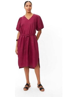 Masai Manalirae Linen V-neck Puff Sleeve Midi Dress - Red