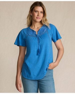 Lands' End Slub Flutter Sleeve Lace Trim Notch Neck Tunic Top - Blue