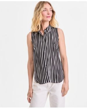 INC International Concepts Printed Button-down Sleeveless Blouse - Blue