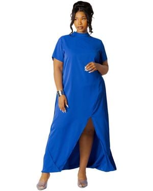 Buxom Couture Plus Size High Neck Draped Maxi Dress - Blue