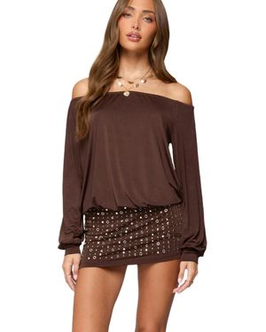 Edikted Studded Off Shoulder Backless Romper - Brown