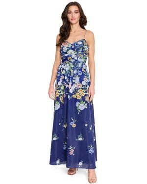 Tahari Printed Sleeveless Ball Gown - Blue