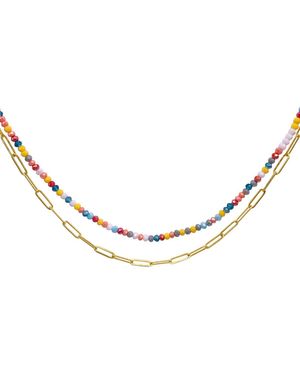 Adornia Multi Color Bead And Paper Clip Chain Double Necklace - Pink