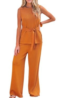 CUPSHE Ribbed Knit Belted Tank Top And Wide Leg Pants Matching Set - Orange