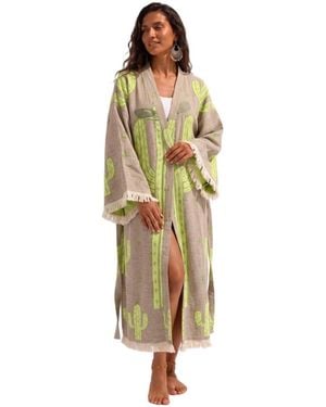 Tutunaki Sedona Handwoven Jacquard Printed Fringed Festival Robe - Green