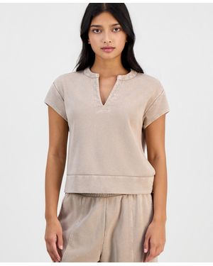 And Now This Petite French Terry Split-neck Cap-sleeve Top - Natural