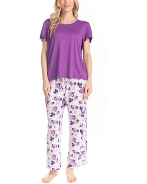 Muk Luks Artistic Garden Round Neck Top And Ankle Pants - Purple