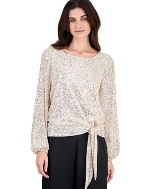 Tahari Sequin Long-sleeve Blouse - White