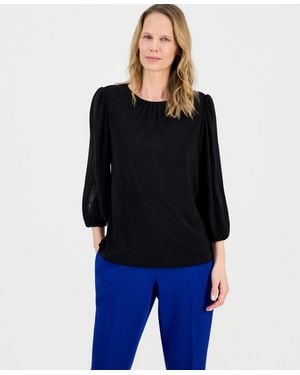 Kasper Crew Neck 3/4-lace-trim-sleeve Top - Black