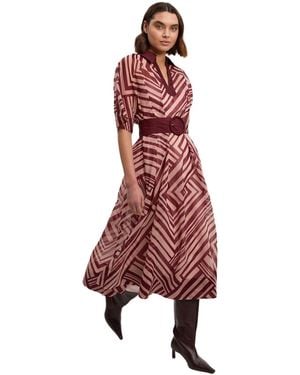 Karen Millen Printed 3/4 Sleeve Plunge Midi Dress - Red