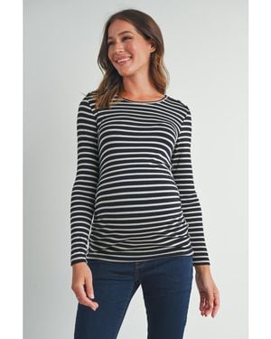 Hello Miss Long Sleeve Side Ruched Striped Maternity Top - Black