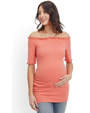 Hello Miss Maternity Off-the-shoulder Ribbed Tunic Top - Orange