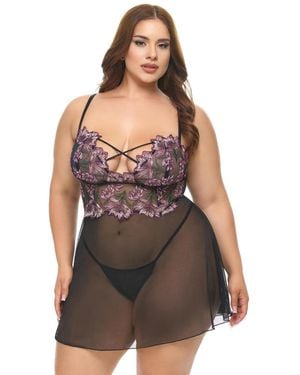 Oh La La Cheri Plus Size Adela Floral Sheer Babydoll - Gray