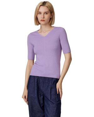 Jennie Liu Merino Wool Lurex Sweater | Shimmer Fine Gauge V-neck Short Sleeve Top | Machine Washable Pullover - Purple