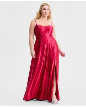 City Studios Trendy Plus Size Satin Studded Bustier Gown - Red