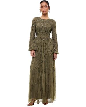 MARYISA Modest Ebellished Sequins A Line Maxi Dress - Green