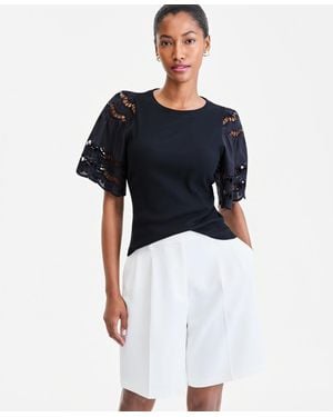 On 34th Eyelet Puff Sleeve Ribbed Knit Top - Blue