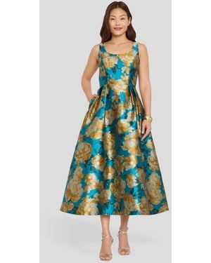 Tahari Printed Scoop Neck Midi Dress - Blue