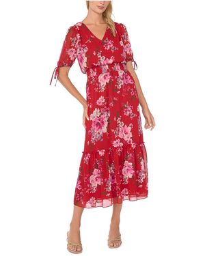Cece V-neck Short-sleeve Smocked-waist Dress - Red