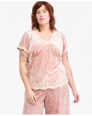 And Now This Plus Size Velvet Lace-trim V-neck Blouse - Pink