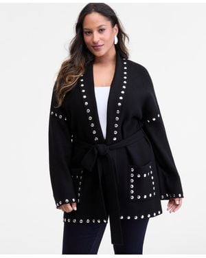INC International Concepts Plus Size Studded Tie-waist Cardigan - Black