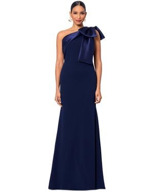 Betsy & Adam Bow-trimmed One-shoulder Gown - Blue