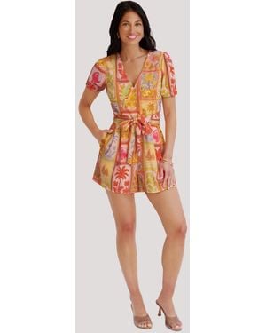 Kensie Short-sleeve V-neck Printed Romper - Orange