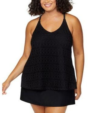 Island Escape Plus Size Crochet Racer Back Tankini Plus Size Tummy Control Swim Skirt Exclusively At Macys - Black